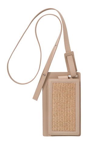 YAYA - Handtas Straw Iphone Bag With Leather Details And Cord Light Taupe