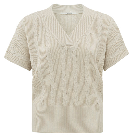 YAYA - Trui Cable Sweater Vneck Short Sleeves and Rib Beige