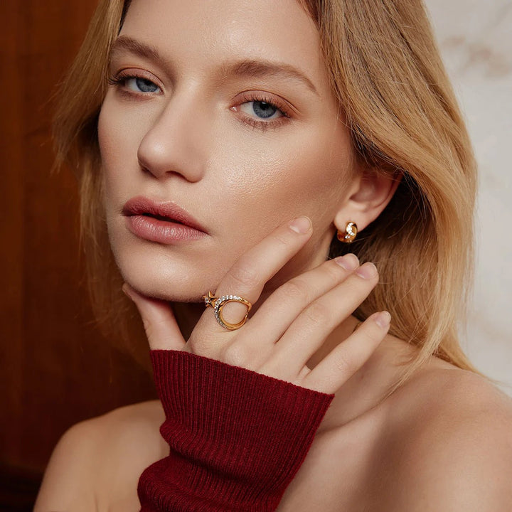 Ania Haie - Ring Gold Sparkling Moon And Star Adjustable Ring - Luxedy