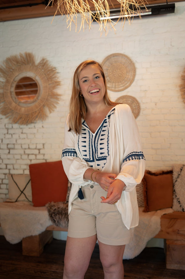 Blouse - Embroidered Blue - Luxedy