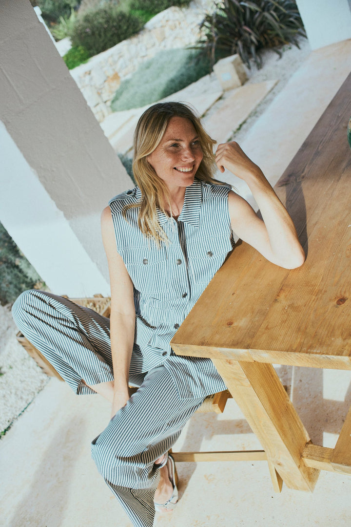 Freequent - Broek Mella OffWhite & Navy Blue Stripes - Luxedy