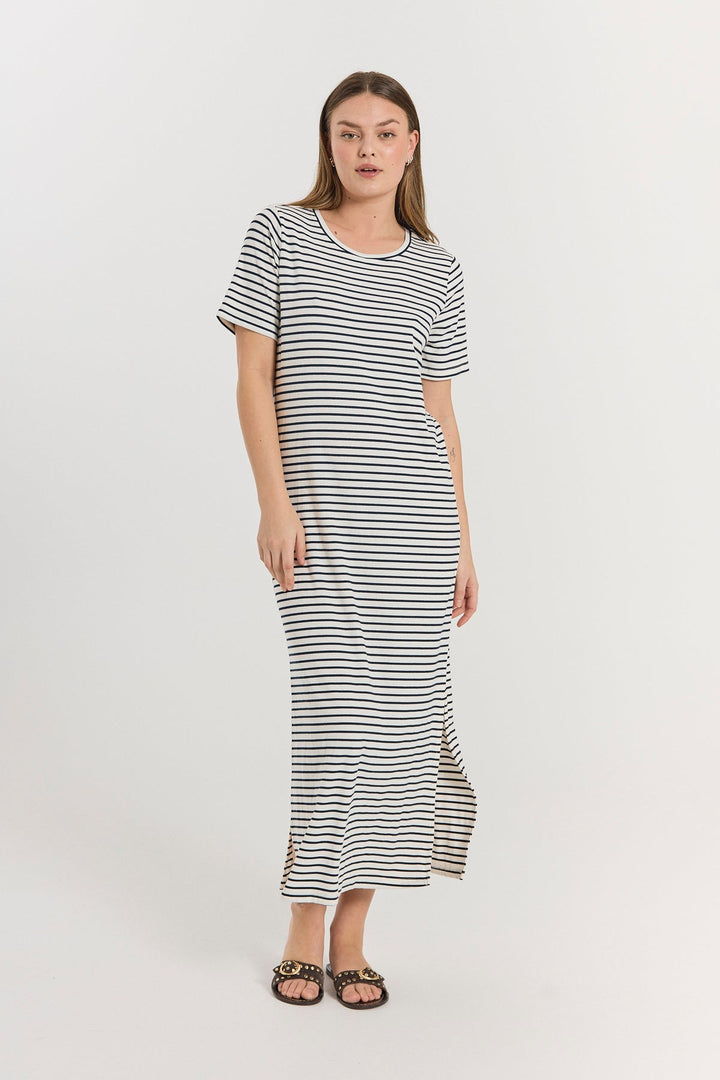 Freequent - Jurk Zia Brilliant White & Navy Blue - Luxedy