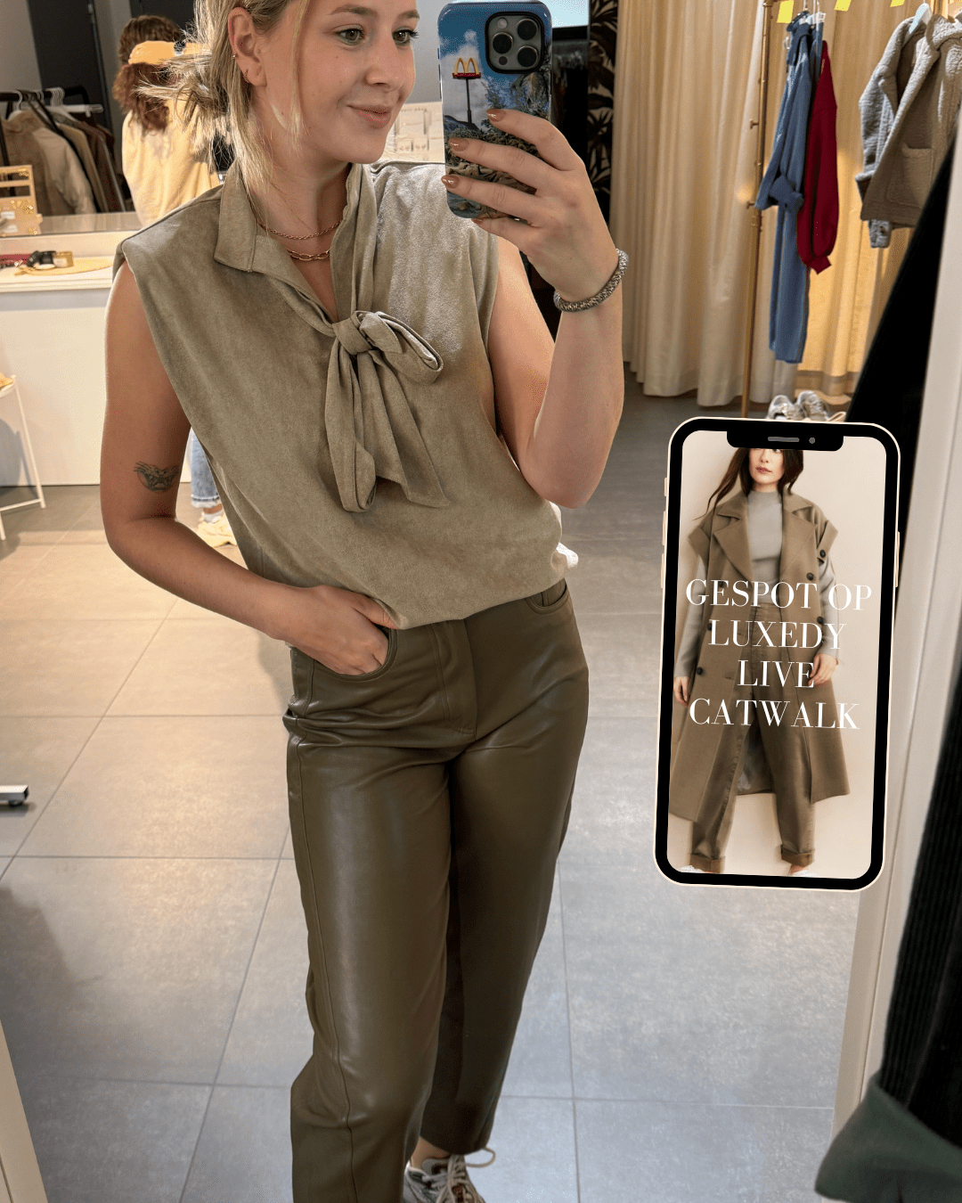 YAYA - Broek Faux Leather Capers Brownish Green - Luxedy
