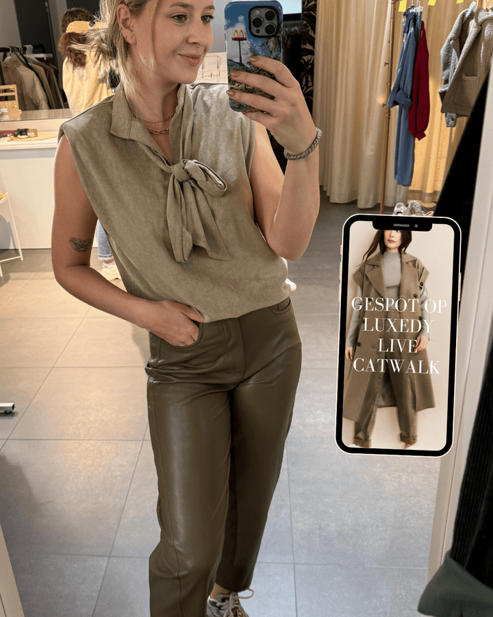 YAYA - Broek Faux Leather Capers Brownish Green - Luxedy