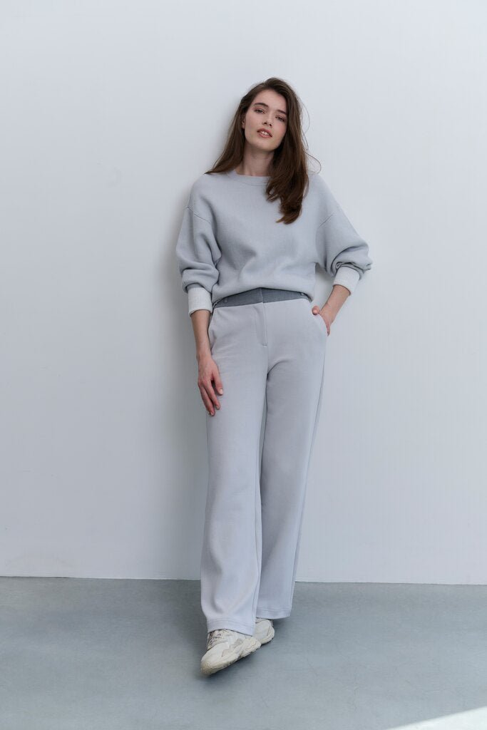 YAYA - Broek Jersey Wide Leg Contrast Waistband Harbour Mist Grey - Luxedy