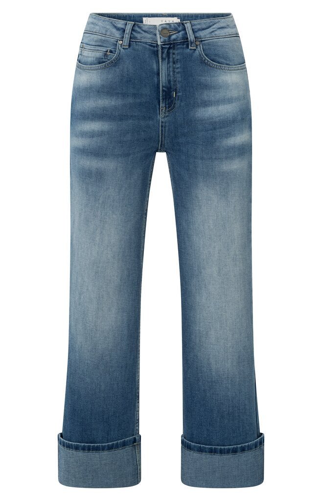 YAYA - Broek Mid Waist Rolled - Up Blue Denim - Luxedy