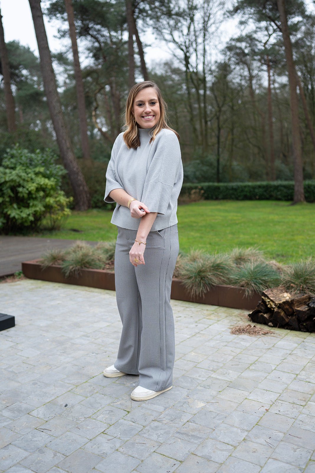 YAYA - Broek Woven Checked Wide Leg Contrast Details Feather Grey Dessin - Luxedy