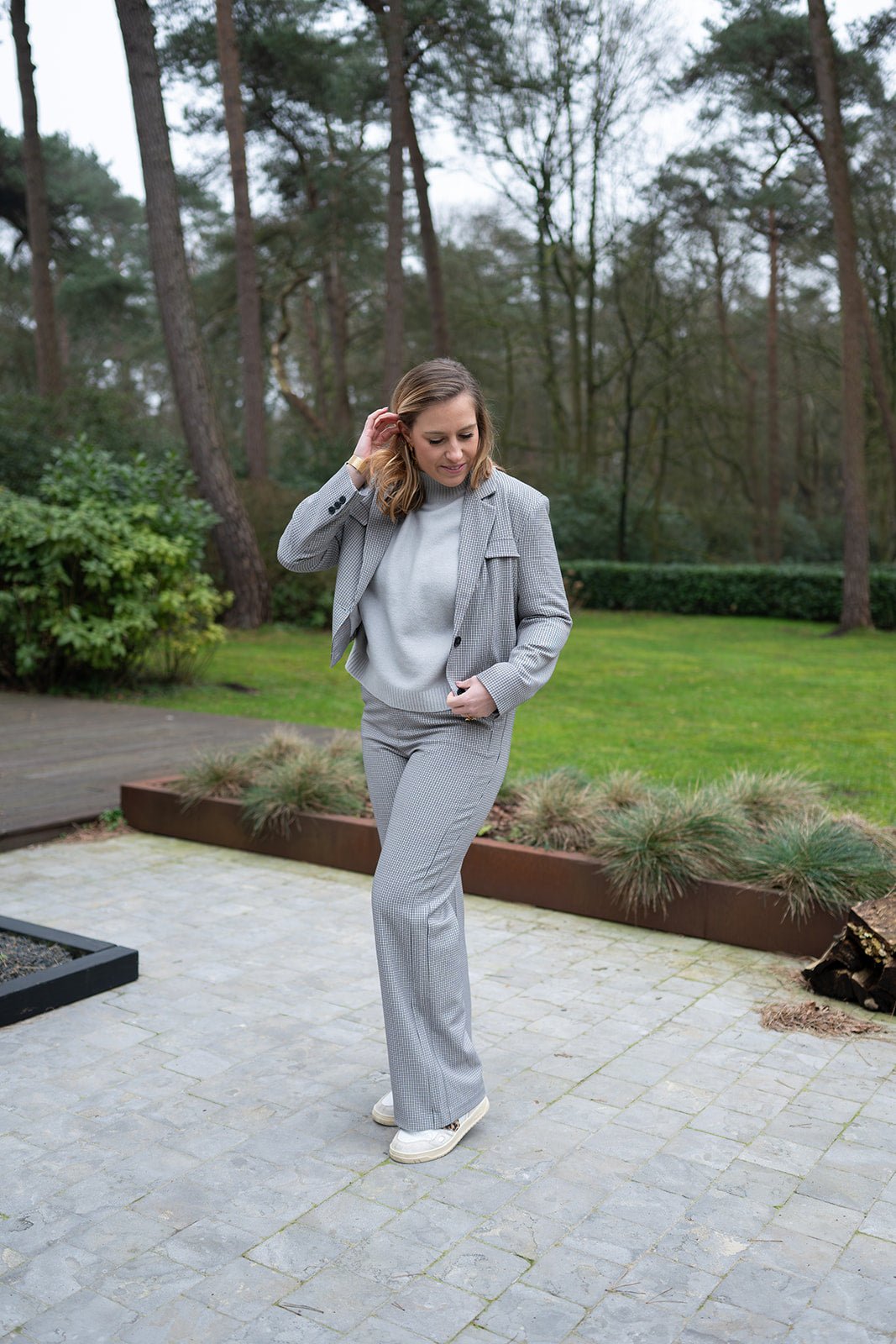 YAYA - Broek Woven Checked Wide Leg Contrast Details Feather Grey Dessin - Luxedy
