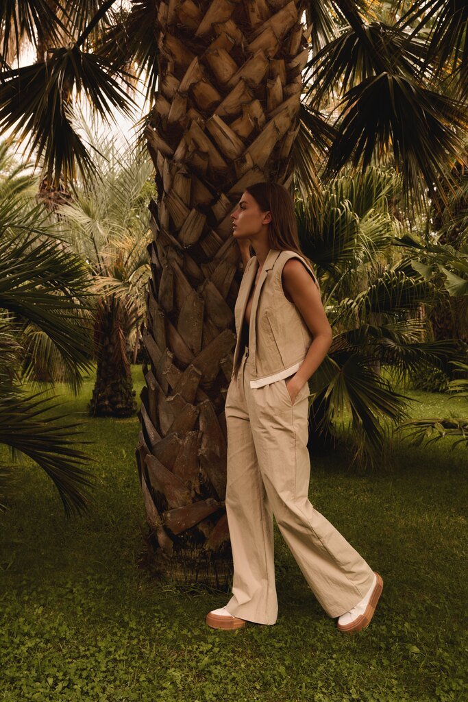YAYA - Broek Woven Cotton High Waist Twill Beige - Luxedy