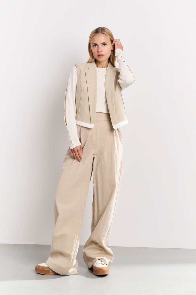 YAYA - Broek Woven Cotton High Waist Twill Beige - Luxedy