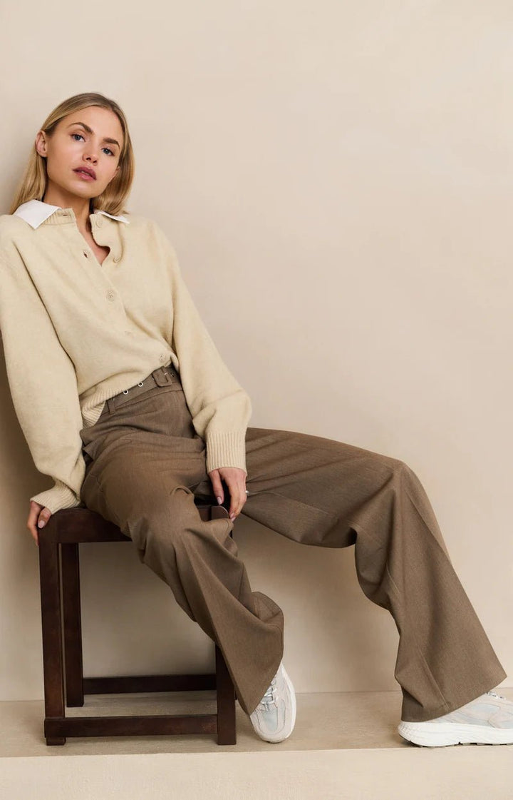YAYA - Broek Woven Wide Leg Belt Capers Melange - Luxedy