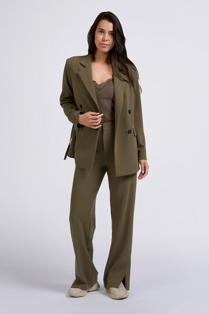 YAYA - Jas Oversized Woven Blazer With Slit Detail Stone Gray - Luxedy