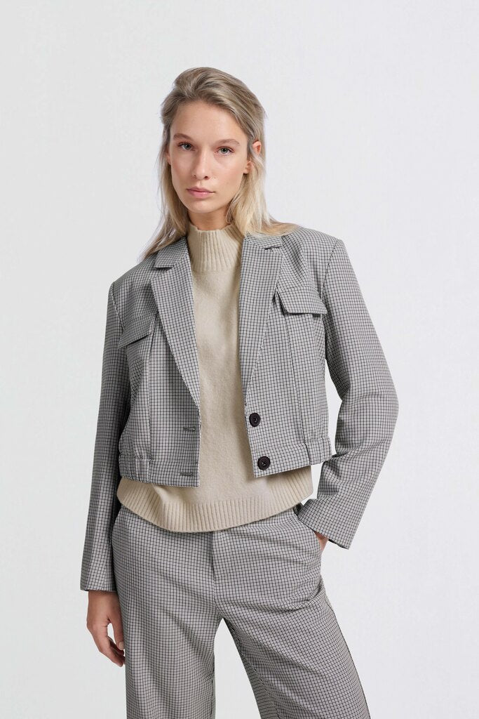 YAYA - Jas Woven Checked Short Blazer Feather Grey Dessin - Luxedy