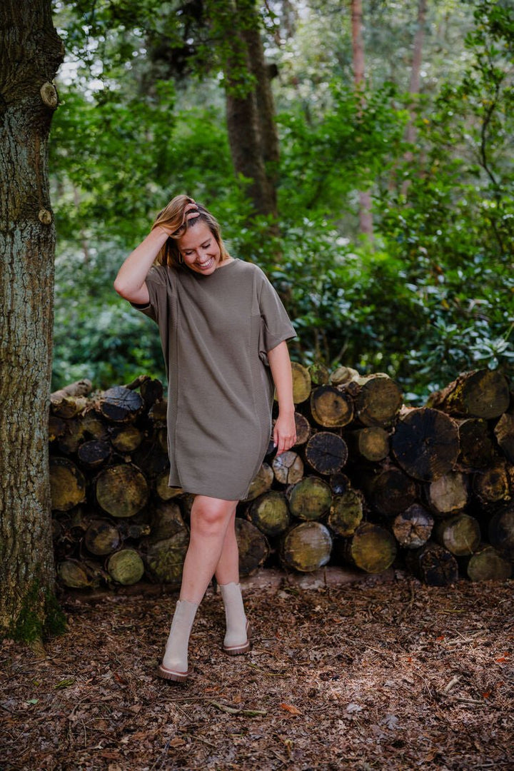 YAYA - Jurk Batwing Mixed Stitches Dress Stone Gray - Luxedy