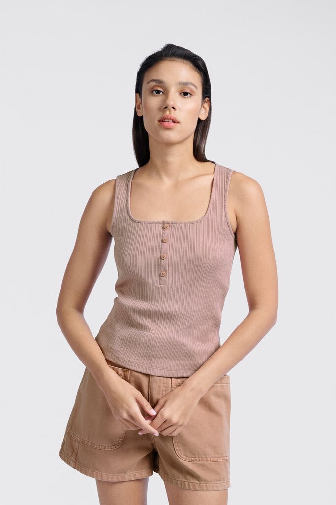 YAYA - Top Ribbed Singlet Button Soft Mauve Pink - Luxedy