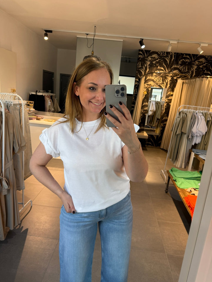 YAYA - Top Round Neck Pleated Sleeves Pure White - Luxedy