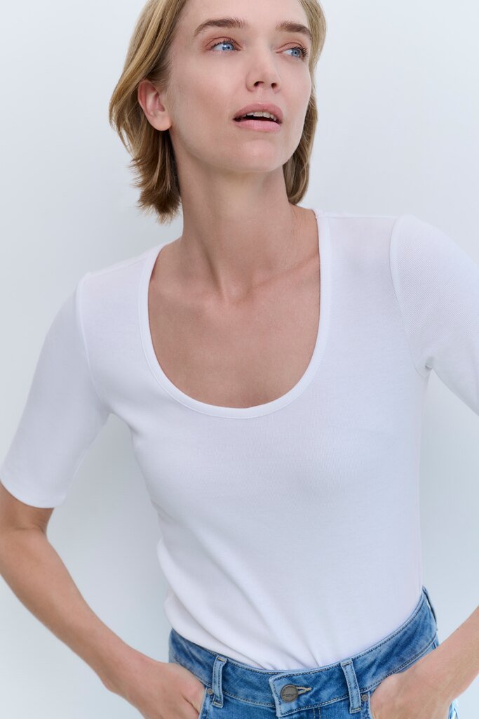 YAYA - Top Round Neck Rib Shirt Pure White - Luxedy