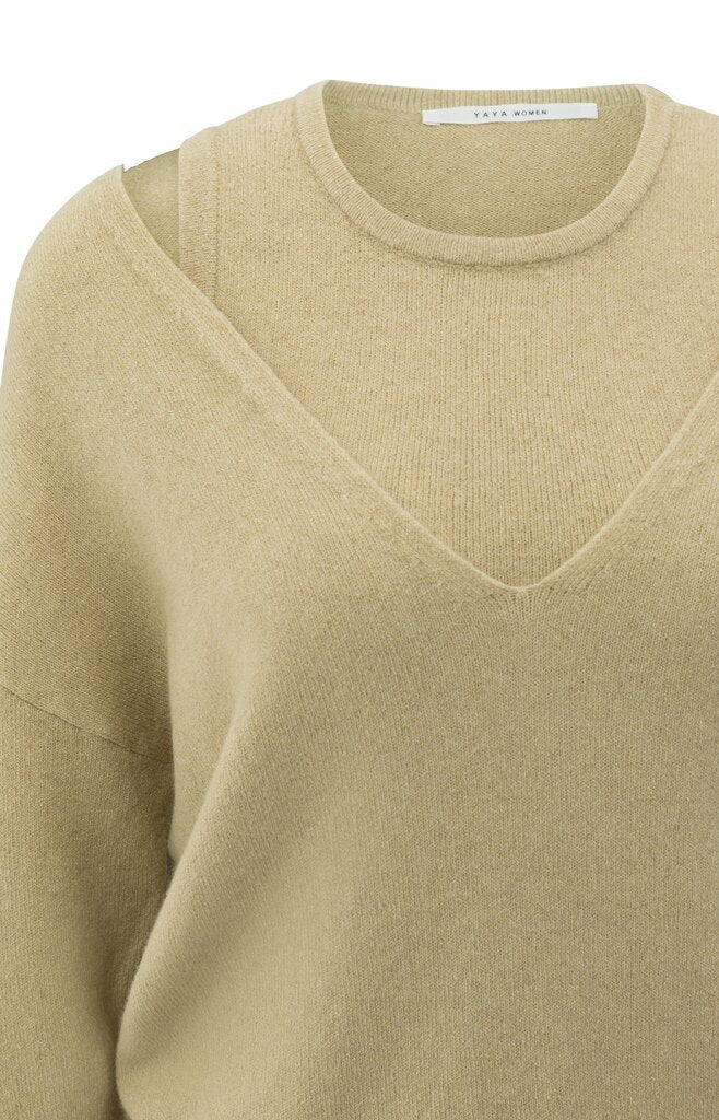 YAYA - Trui Deep V - Neck Sweater & Top Pale Olive Green Melange - Luxedy