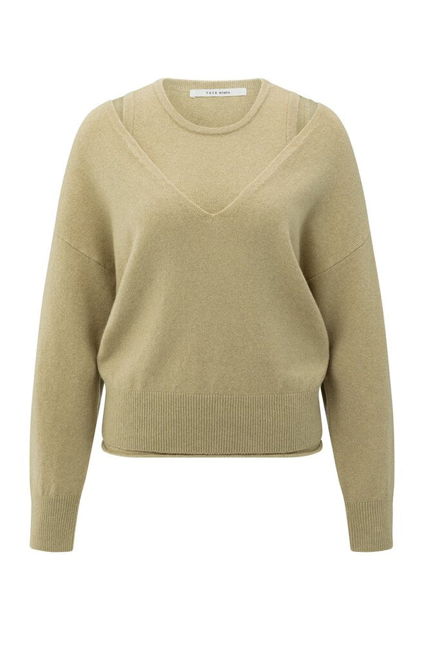 YAYA - Trui Deep V - Neck Sweater & Top Pale Olive Green Melange - Luxedy