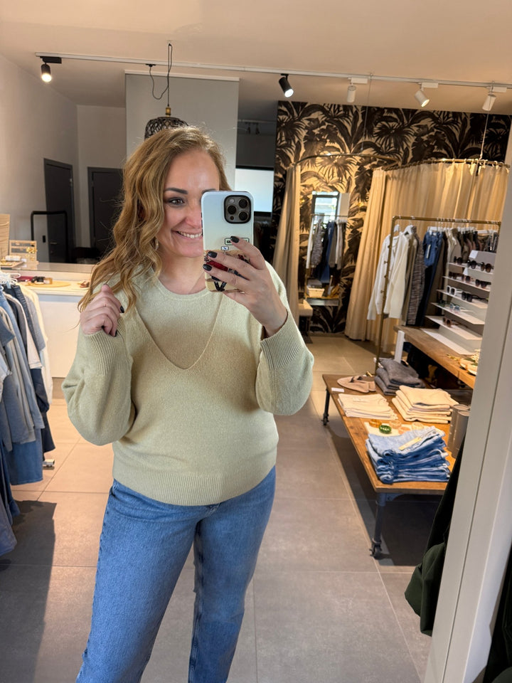 YAYA - Trui Deep V - Neck Sweater & Top Pale Olive Green Melange - Luxedy