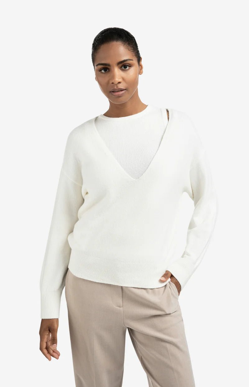 YAYA - Trui Deep V - Neck Sweater & Top Pale Olive Offwhite Knit Melange - Luxedy