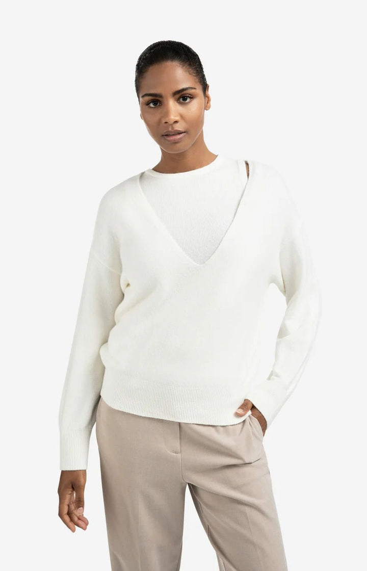 YAYA - Trui Deep V - Neck Sweater & Top Pale Olive Offwhite Knit Melange - Luxedy