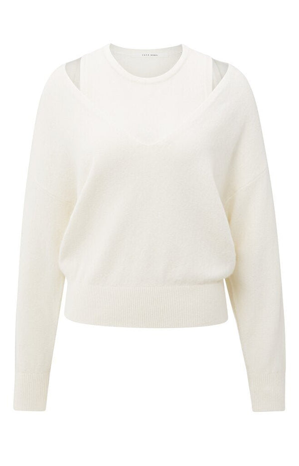 YAYA - Trui Deep V - Neck Sweater & Top Pale Olive Offwhite Knit Melange - Luxedy