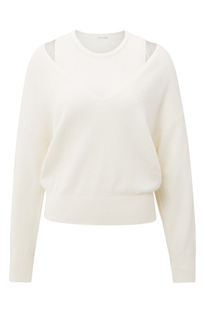 YAYA - Trui Deep V - Neck Sweater & Top Pale Olive Offwhite Knit Melange - Luxedy