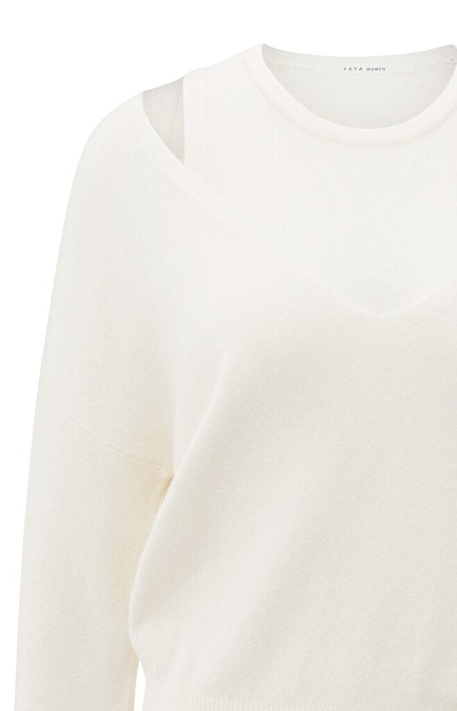 YAYA - Trui Deep V - Neck Sweater & Top Pale Olive Offwhite Knit Melange - Luxedy