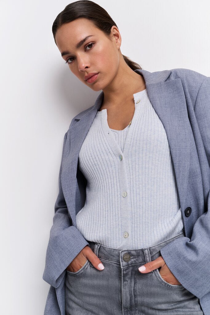 YAYA - Trui Faux Cardigan Rib Gray Dawn Blue Melange - Luxedy