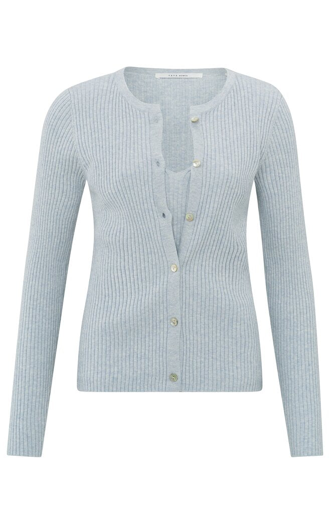 YAYA - Trui Faux Cardigan Rib Gray Dawn Blue Melange - Luxedy