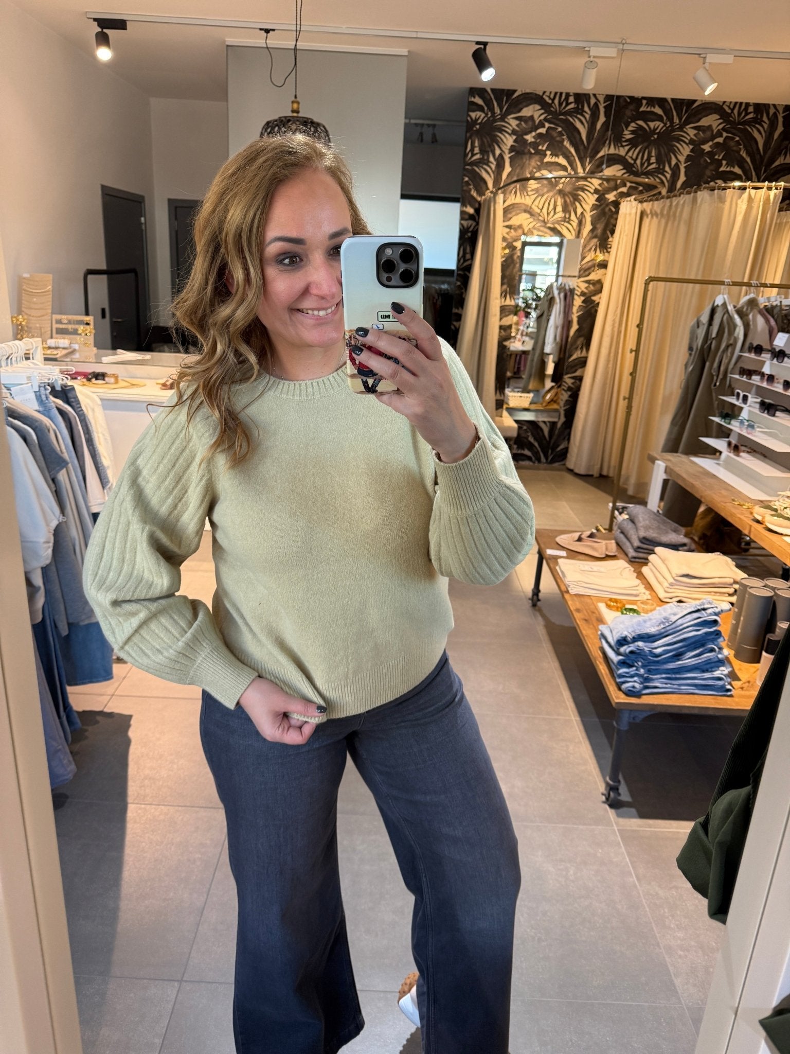 YAYA - Trui Rib Mixed Pale Olive Green Melange - Luxedy