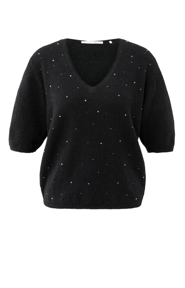 YAYA - Trui V - Neck Beads Black - Luxedy