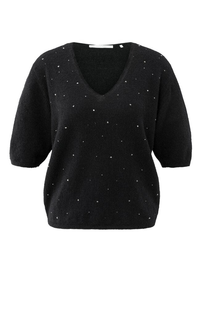 YAYA - Trui V - Neck Beads Black - Luxedy