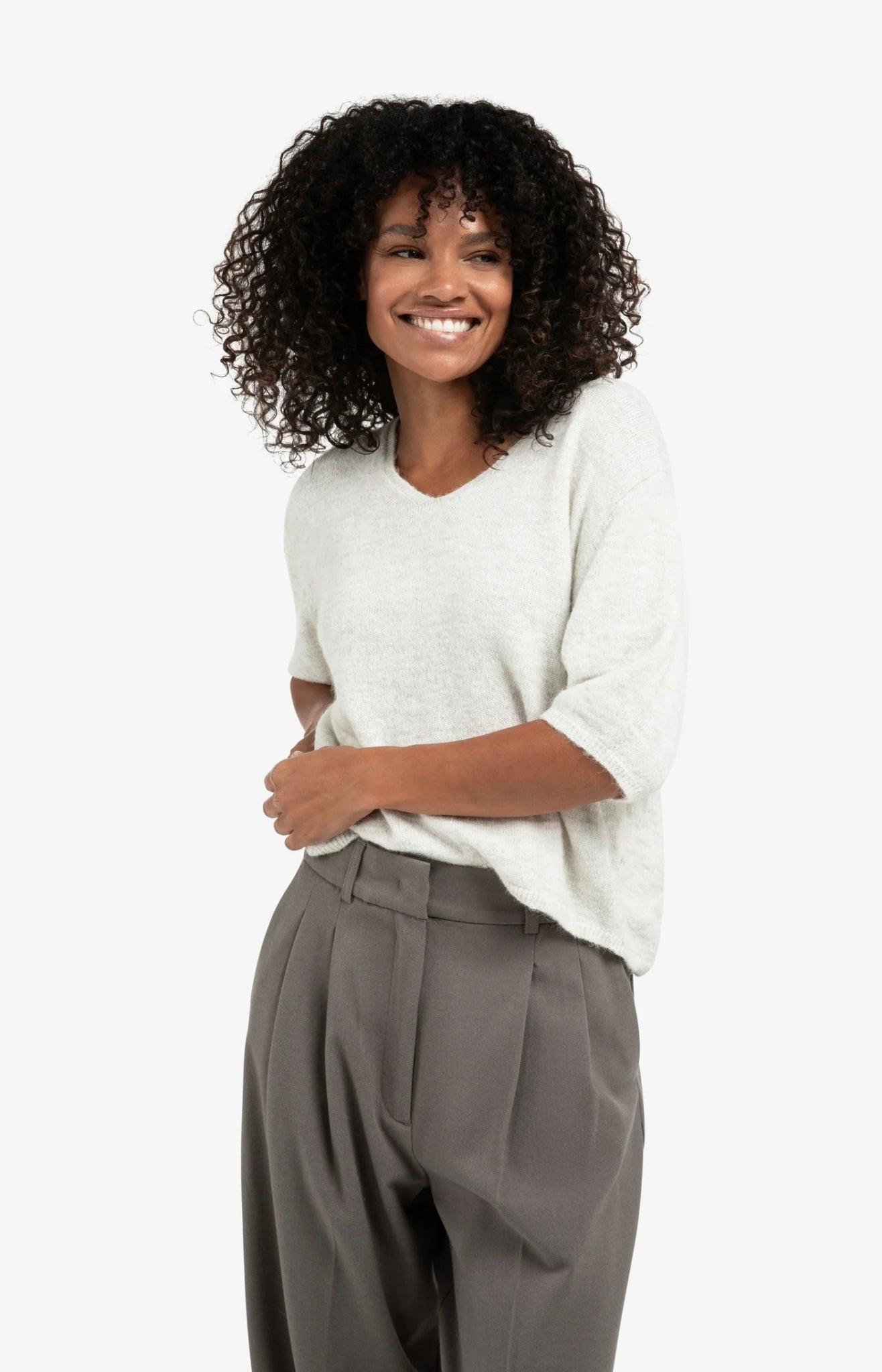 YAYA - Trui V - Neck & Button Details Cloud Grey Melange - Luxedy