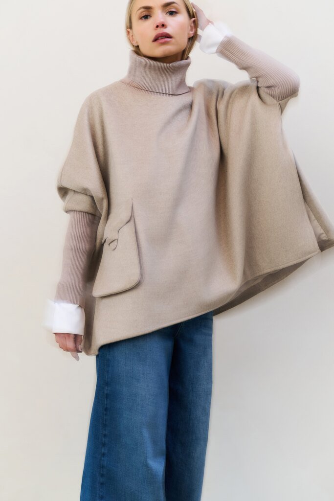 YAYA - Wool Mix Poncho Sand Melange - Luxedy