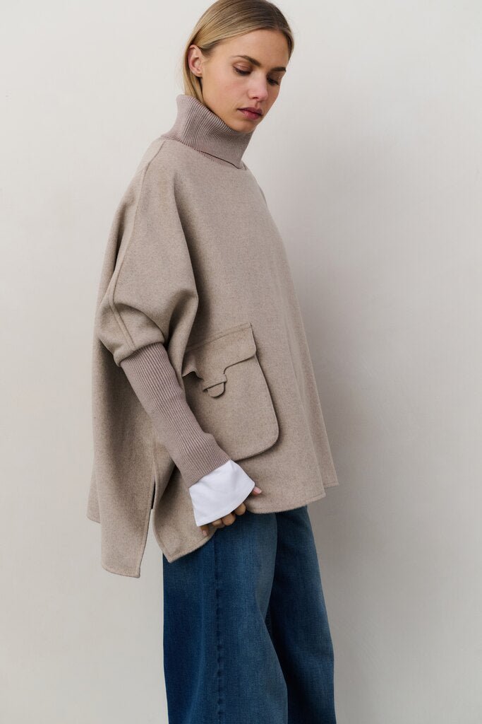 YAYA - Wool Mix Poncho Sand Melange - Luxedy