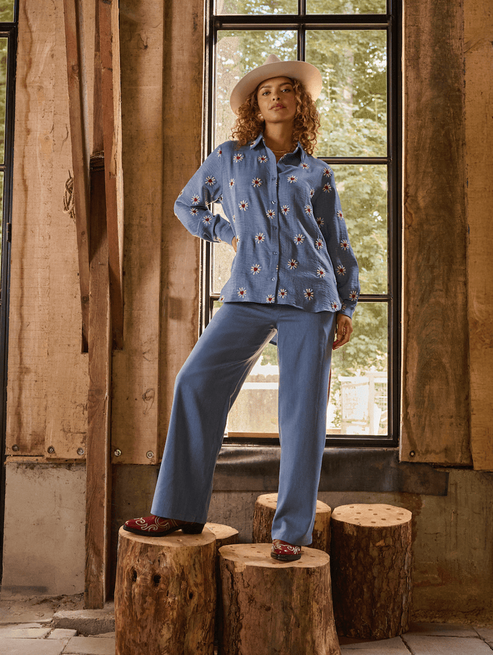 Ydence - Broek Zizi Denim Blue Burgundy - Luxedy