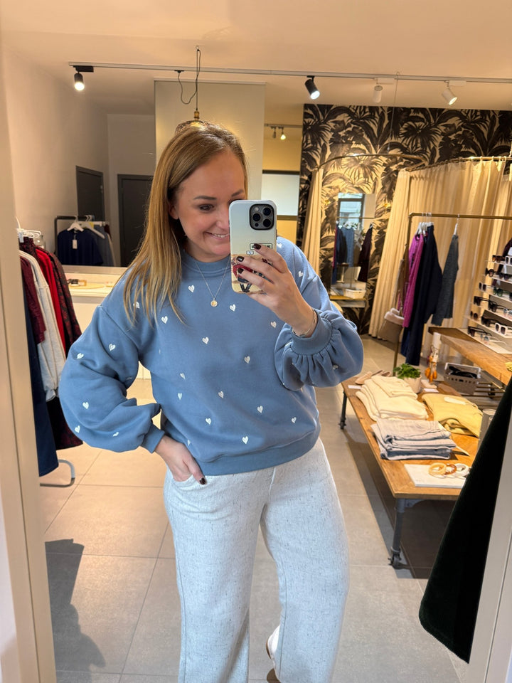 Ydence - Trui Hearts Sweater Blue Grey/Ecru - Luxedy