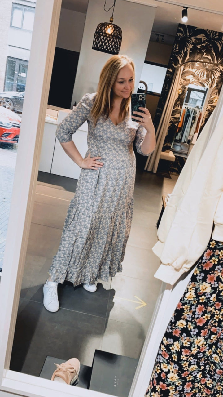 YAYA - Jurk Maxi Floral & Ruffles Dark Grey - Luxedy