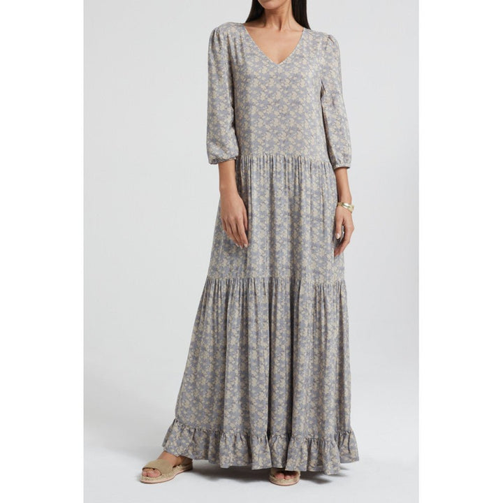 YAYA - Jurk Maxi Floral & Ruffles Dark Grey - Luxedy