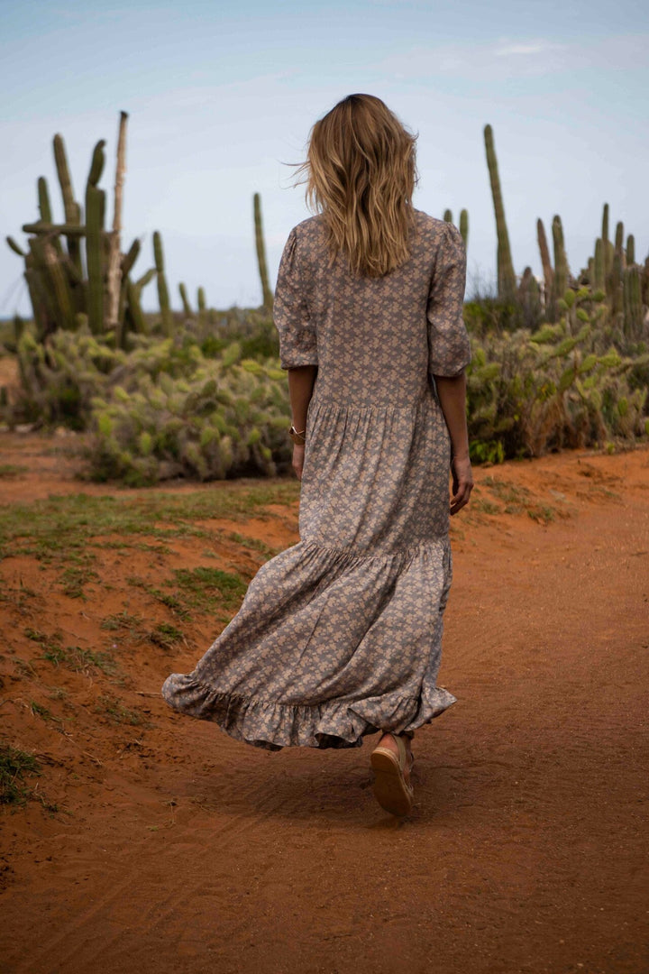 YAYA - Jurk Maxi Floral & Ruffles Dark Grey - Luxedy