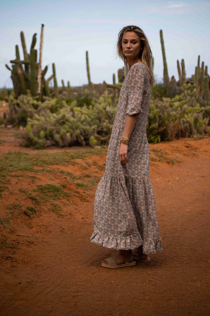 YAYA - Jurk Maxi Floral & Ruffles Dark Grey - Luxedy
